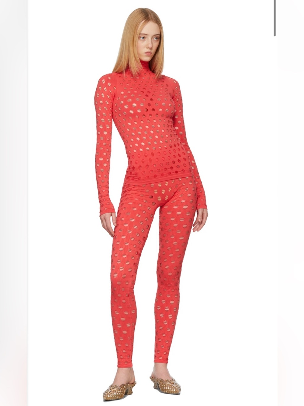 Maisie Wilen Red Perforated Turtleneck Long Sleeve and Legging Red Coral
